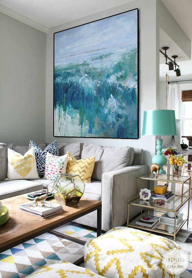 Large Modern Abstract Painting,Abstract Landscape Oil Painting,Huge Abstract Canvas Art,Purple Grey,Lake Blue,Dark Blue,White